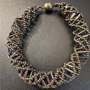 Funky Double Helix DNA Round Baguette Black Irridescent Beaded Bracelet